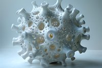White ceramic sculpture resembling a virus or marine organism with tubular protrusions and perforated surface containing amber-colored elements against neutral background.