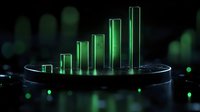 Glowing green bar chart visualization on dark background with bokeh effect shows financial growth and market analysis data for business presentations.