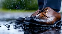 Brown leather brogue shoes in rain puddle with water drops and splashes, dramatic low angle view showing luxury footwear detail against dark wet surface.