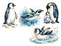 Cute watercolor penguins set isolated on white, featuring swimming, sliding on ice, and parent with chick scenes, ready for design use.