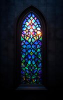 Vibrant stained glass window in gothic arch frame featuring intricate geometric patterns with blue, green, and rainbow colors against dark stone wall background.