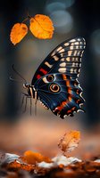 Majestic blue butterfly with orange spots and wing patterns rests near autumn leaves against dark background, creating dramatic nature composition with bokeh effect.