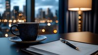 Dark ceramic cup on vintage saucer with city lights bokeh through window, pen on paper, moody evening atmosphere for business and writing concepts.