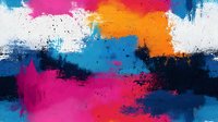 Vibrant abstract art with bold splashes of pink, orange, and blue colors creating dynamic contrast against dark background, modern contemporary style for wall decor and design projects.