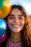 Young Hispanic woman with bright genuine smile and colorful balloons at sunset, warm golden light illuminating her joyful expression and natural wavy hair.