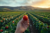 Hand holding fresh strawberry against backdrop of vast strawberry field at sunset with rolling hills and colorful sky in agricultural landscape.