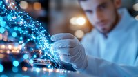 Young male scientist in white lab coat examining glowing blue digital data stream with futuristic technology interface for research and innovation projects.