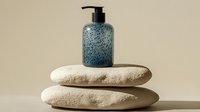 Minimalist spa composition with blue glass pump bottle on stacked natural stones against beige background. Zen wellness concept for skincare and cosmetics.