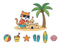 Cartoon cat building sandcastle on beach with palm tree, ball, bucket, starfish, flip flops, surfboard and shell. Isolated clipart for children's designs, t-shirts and summer graphics.