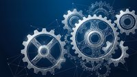 Interconnected mechanical gears with digital network connections on blue background representing teamwork, collaboration and business processes.