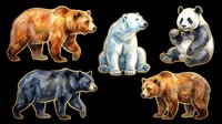 Watercolor bear collection with grizzly, polar bear, panda, black bear, and brown bear, isolated on transparent background, ready for stickers, clipart, and print on demand.