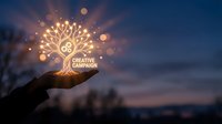 Hand holding glowing tree with light rays and bokeh effects against twilight sky background for creative marketing and growth concepts.