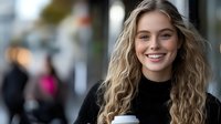 Young blonde woman with curly hair wearing black sweater holding coffee cup and smiling outdoors on urban street. Natural daylight portrait with bokeh background.