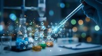 Laboratory pipette dispensing glowing molecular particles in modern research facility. Scientific innovation and biotechnology advancement concept.