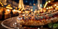 Grilled bratwurst sausage with herbs and spices on wooden board with festive bokeh lights background for holiday cooking and dining celebrations.