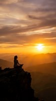 Woman meditating in lotus pose on mountain cliff during golden sunset with dramatic sky and layered mountain ranges creating peaceful spiritual atmosphere.