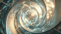 Transparent glass spiral tunnel with warm golden light and cool teal reflections creating depth and motion through concentric circular layers.
