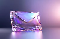 Crystal clear envelope shape glowing with purple and blue neon lights on dark background, modern communication concept with dramatic lighting effects.