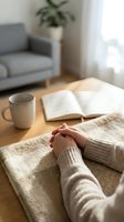 Cozy morning scene with hands in knit sweater holding warm mug, open book on wooden table creating peaceful reading atmosphere for relaxation and comfort.