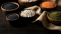 Assorted legumes and beans in wooden bowls on rustic table with burlap sack for healthy cooking and nutrition concepts.