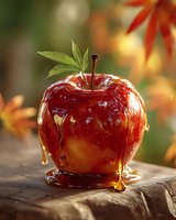 Red apple with cannabis leaf and dripping honey on wooden surface against autumn foliage background, suggesting natural sweetness and herbal infusion.