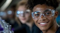 Young African American female student wearing safety goggles smiles confidently in science laboratory while conducting research experiment with test tubes and lab equipment.