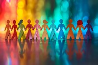 Paper cutout figures holding hands in chain against colorful rainbow background with bokeh lights and reflection, representing unity, diversity and community.