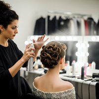 Professional hairstylist applying hairspray to elegant updo hairstyle on blonde woman client in modern beauty salon for special occasion styling.