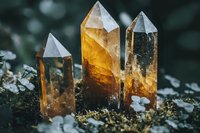 Glowing amber citrine crystal points standing upright on dark background with bokeh lights, natural mineral formation showcasing transparent golden hues.