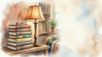 Stacked vintage books with brass table lamp and potted plant on wooden shelf, warm watercolor study for library and reading room decor.