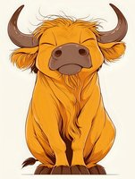 Cute cartoon highland cow with fluffy orange fur and large horns sitting in minimalist style. Character design for children books and merchandise.