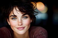 Close up portrait of young woman with bright blue eyes, freckles and short dark curly hair smiling warmly at camera. Natural beauty and genuine expression.
