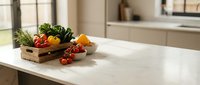 Fresh organic vegetables in wooden crate on modern kitchen counter with natural lighting for healthy cooking and meal preparation concepts.