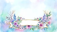 Watercolor floral wreath with pink and purple flowers, gold frame banner, isolated on white background for invitations, greeting cards, and design projects.