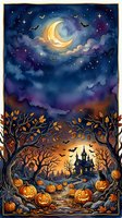 Spooky autumn night scene with glowing crescent moon, stars, flying bats, bare trees with golden leaves, jack-o-lanterns, haunted castle silhouette, and pumpkins. Perfect for Halloween designs and seasonal artwork.
