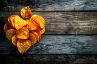 Crispy potato chips arranged in heart shape on dark rustic wooden background with copy space. Fresh homemade snack for Valentine's day celebration.