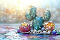 Decorative cactus and lotus flowers made of turquoise and pink stones with pearl embellishments on dreamy bokeh background. Luxury jewelry art composition.
