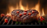 Juicy grilled beef steak with red bell pepper chunks on flaming barbecue grill, dramatic dark food photography with fire and smoke in background.