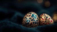 Ornate gold rings with floral enamel design featuring turquoise and pink details on dark textured background with soft bokeh lights, macro jewelry photography.