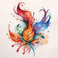 Vibrant watercolor feathers in rainbow colors with dynamic splashes and swirls create artistic composition on white background, suitable for decorative prints and designs.