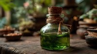 Small glass bottle with cork stopper containing green herbal oil or tincture on rustic wooden surface surrounded by natural botanical ingredients and spices.