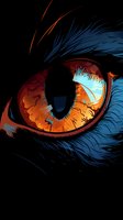 Close-up of a fierce orange and amber cat eye with blue fur surrounding it, dramatic lighting creates mysterious atmosphere against dark background.