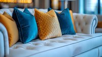 Elegant tufted sofa with luxurious velvet cushions in teal blue and golden yellow, creating modern living room decor with sophisticated color combination.