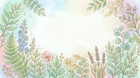 Soft watercolor floral frame with wildflowers, ferns, and leaves on pastel background, perfect for cards, invitations, and spring designs.