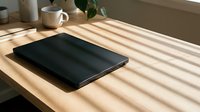 Closed black laptop on wooden desk with sunlight casting striped shadows, coffee mug and plants nearby, minimalist workspace setup for business and technology concepts.