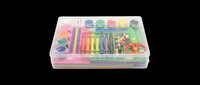 Colorful art supply organizer box containing markers, colored pencils, pastels, scissors, and creative materials isolated on transparent background, ready for design use on t-shirts, clipart, and print-on-demand products.