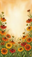 Watercolor autumn wildflower border frame with orange and yellow blooms on textured paper background for greeting cards and seasonal designs.