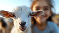 Young white baby goat with large ears in foreground, smiling child with red hair blurred in background on sunny farm day.