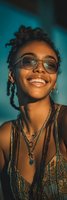 Young African American woman with dreadlocks wearing sunglasses and jewelry smiling joyfully against vibrant blue background in warm golden light.