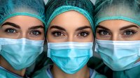 Close up portrait of three medical workers wearing protective surgical masks and caps looking directly at camera with intense focused eyes.